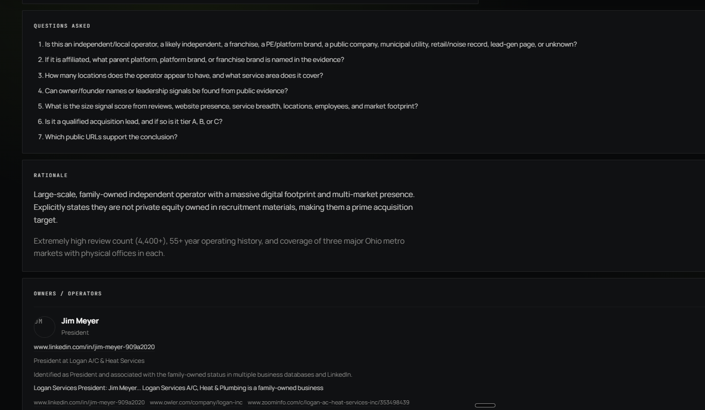 Per-record enrichment: seven standard questions asked of each company, an AI rationale, and the owner with sourced LinkedIn/ZoomInfo links.